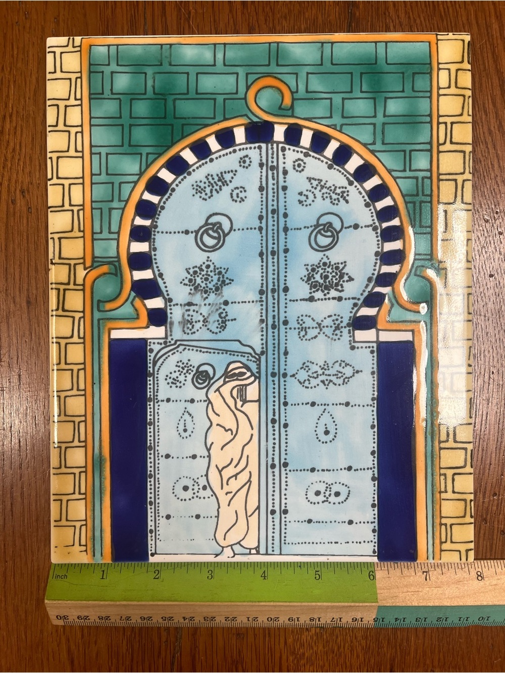 Vintage Tunisian Ceramic Wall Tile Moorish DoorArch Blue Yellow 8x10